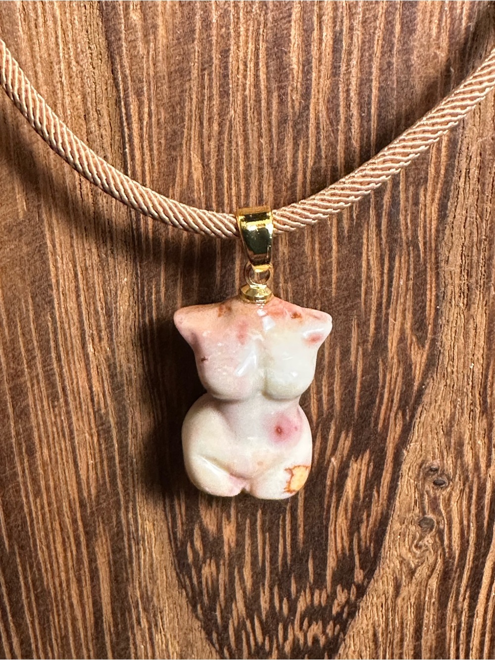 Mixed Color Alashan Agate Body Carving Pendant Necklace on Brown Rope
